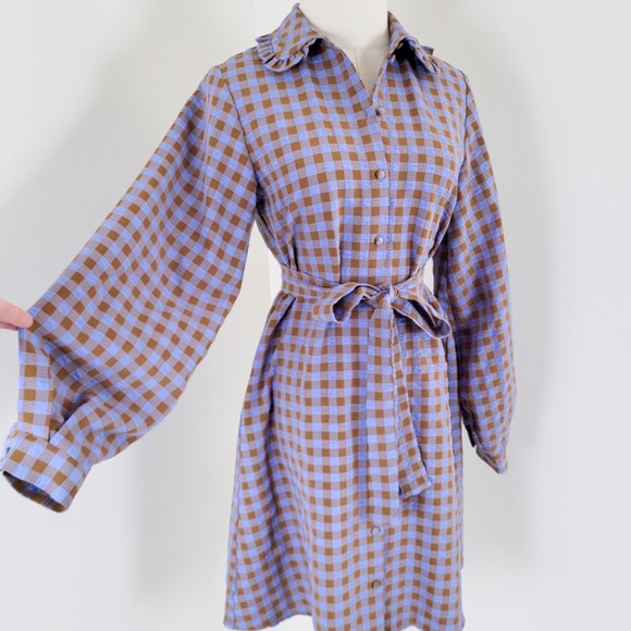 Vintage Periwinkle and Brown Checkered Mini Dress - Picture 4 of 14